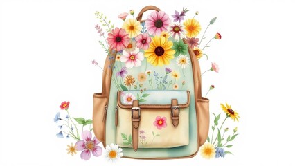 Whimsical watercolor illustration of a backpack filled with colorful blooming wildflowers, bright and playful design.