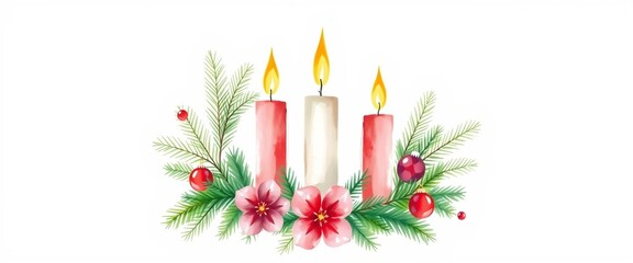 Watercolor Christmas decoration with red and white candles, pine branches, ornaments, and festive flowers.