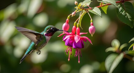 Hummingbird Nectar Feeding on Fuchsia Flower Blooms