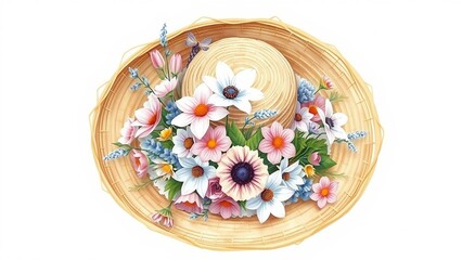 Watercolor illustration of a straw hat filled with colorful meadow flowers, soft and romantic hand-painted art.
