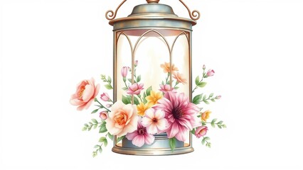 Vintage lantern surrounded by soft pink flowers, watercolor illustration with romantic botanical style.