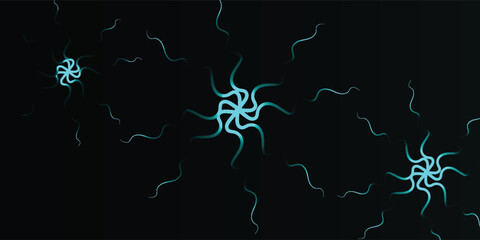 Abstract artwork featuring glowing blue star-like shapes and wavy lines against a dark background.