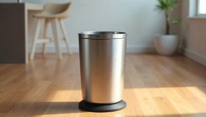 Sleek Brushed Steel Wastebasket on Polished Wood Floor Modern Office & Home Trash Can