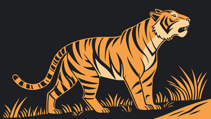Vector illustration of tiger depicted separately on a plain black backdrop.