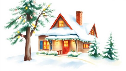 Cozy watercolor painting of a snow-covered cottage with glowing windows and Christmas trees in winter landscape.