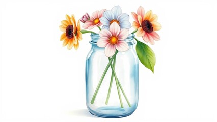 Watercolor illustration of blooming flowers in a transparent glass jar, soft colors and delicate artistic style.