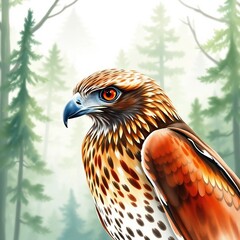 Realistic watercolor portrait of a hawk with orange feathers and sharp gaze, forest background and misty atmosphere.