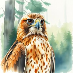 Realistic watercolor portrait of a hawk with orange feathers and sharp gaze, forest background and misty atmosphere.