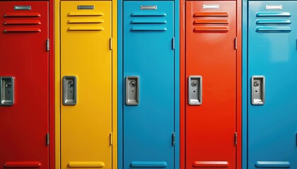 Brightly colored metal school lockers in a row red yellow blue orange. School hallway interior with rows of secured storage units in vibrant pattern.