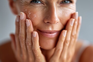 Woman applying skincare product with a serene expression