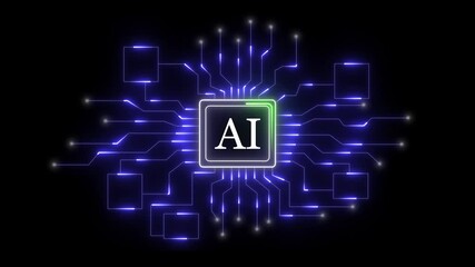 Artificial intelligence chip glowing with neon blue circuit board connections on a dark, Digital chip interface processes data efficiently, Automation and AI concepts secure modern systems . - Powered by Adobe