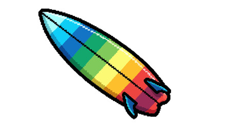 Vibrant Rainbow Surfboard with Blue Fins for Surfing Adventures.