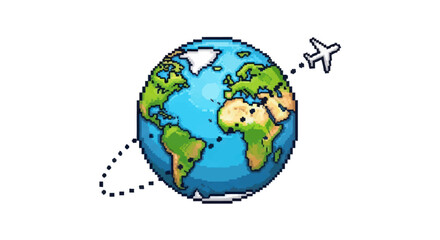 Cartoon Earth Globe with Airplane Flying Around Global Travel Concept.