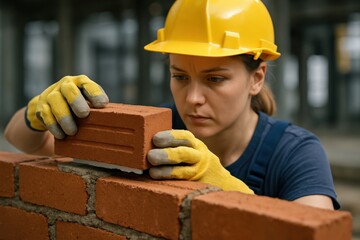 Woman construction worker laying bricks building a wall