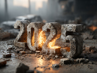 stone 2023 on rubble with glowing number
