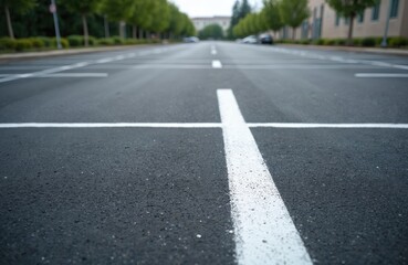 Newly paved asphalt street, empty parking lot. Fresh white painted lines clearly mark distinct spaces. Tall green trees, blurred modern buildings line city road. Clean urban area shows recent