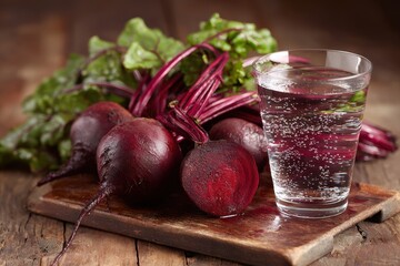 Fresh organic beetroot with water glass on wooden board