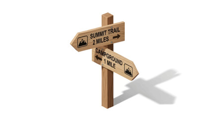 Wooden hiking trail signpost with directions to summit and campground. © Leo