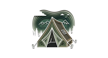 Stylized Layered Paper Cut Camping Tent Illustration with Mountains and Trees.