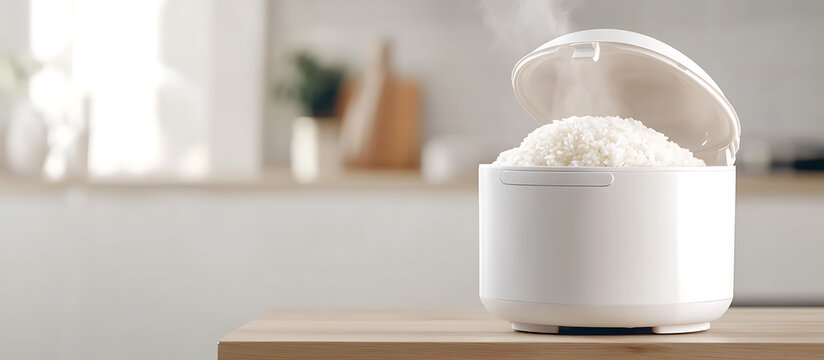 Steaming rice in a minimalist white rice cooker on a light wooden countertop, against a blurred kitchen background.