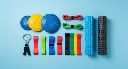 Exercise Equipment for Physical Therapy and Rehabilitation on Blue Background.