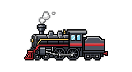 Obraz premium Pixel Art Steam Train with Smoke Black and Red Locomotive.