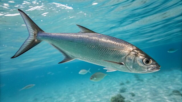Milkfish (Chanos chanos) swimming gracefully in clear tropical blue water, sleek silver body with forked tail and reflective scales, realistic marine fish underwater photography, natural lighting, sha