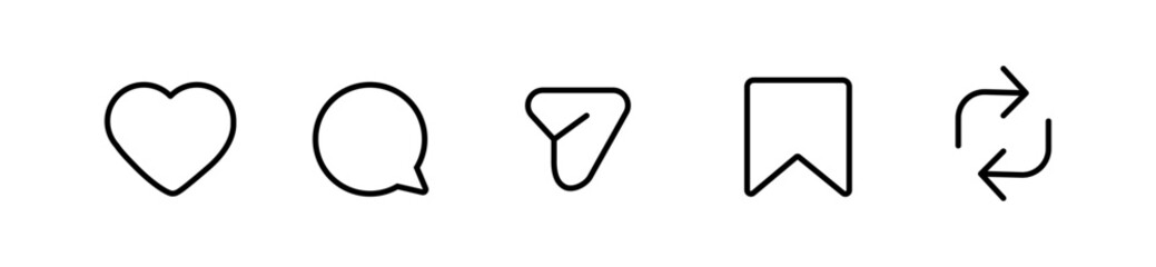 Like, Repost, comment share save vector icon set. Site navigation symbol. Social media web linear sign	