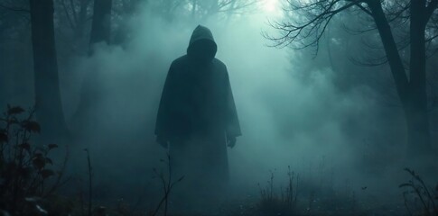 Mysterious Shadowy Figure in Swirling Mist, Eerie Atmospheric Scene, Suspenseful and Enigma, Hidden Secrets, Untold Stories, Dark Mood