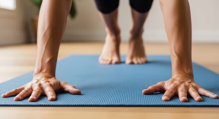 Person doing plank exercise on blue yoga mat indoors.