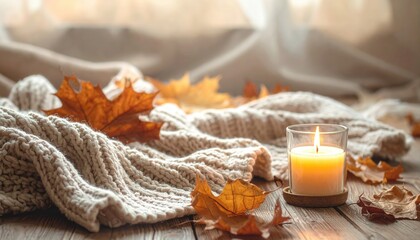 Cozy autumn vibes with glowing candle and soft knit blanket create a warm, inviting atmosphere perfect for fall promotions and seasonal content marketing
