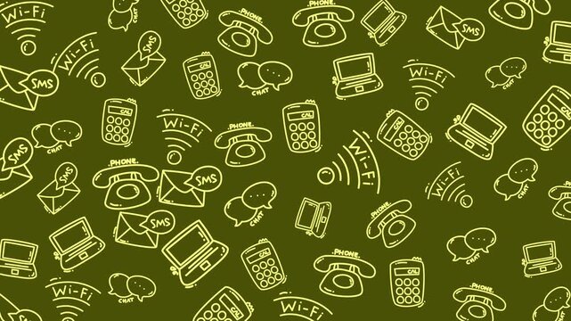 Animated doodle technology pattern on olive background suitable for tech themed designs, presentations, and marketing materials.
