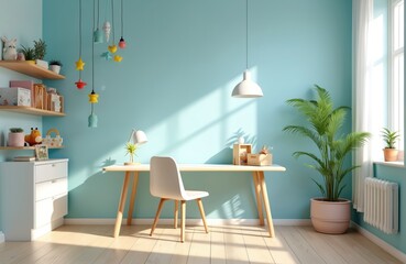 Obraz premium Modern childs room interior, light blue walls, wooden desk and floor. Furniture includes chair, shelves with toys and books. Window light casts shadows on wall.