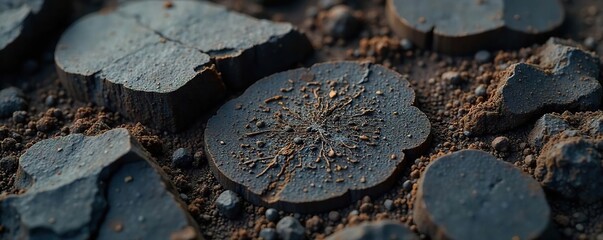 Detailed Close-Up of Dark Brown Coal Layers Revealing Fossil Remnants  A Geological History Texture Background