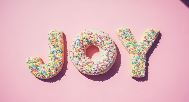Pink backdrop, JOY spelled out in frosted cookies - Powered by Adobe
