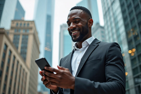 African American Executive Checking Mobile Phone Amidst Skyscrapers