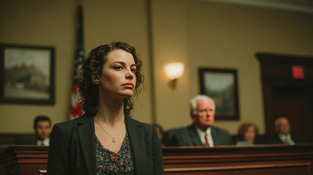 Woman standing in courtroom with serious expression, realistic style, indoor court setting, concept of justice and legal process