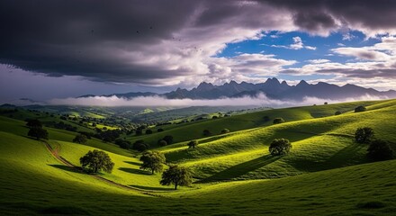 Dramatic Storm Clouds Over Rolling Green Hills and Distant Mountains