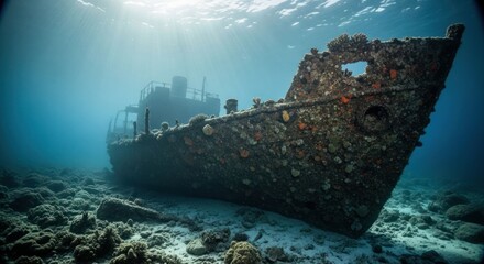 Sunbeams illuminate a rusting shipwreck's stern, submerged in shallow, coral-filled waters