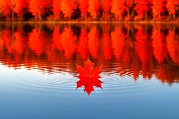 Close-up shot of a calm lake surface reflecting the brilliant red and orange of the shoreline trees.
