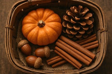 Macro shot of a rustic wooden basket filled with a harvest collection.
