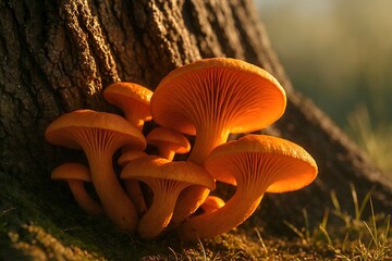 Macro photograph of a mushroom cluster at the base of a tree their caps a rich caramel color with delicate gills underneath.
