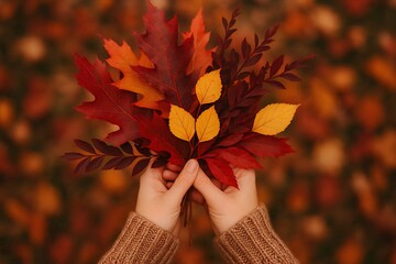A woman hands cradling a vibrant bouquet of autumn red oak leaves yellow birch and burgundy branches.