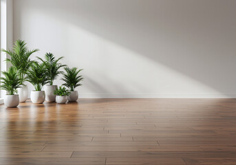 Modern Minimalist Empty Room with Potted Plants and Sunlight
