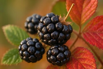 Macro photography of a cluster of ripe glossy blackberries nestled among turning leaves some still green some fiery red.