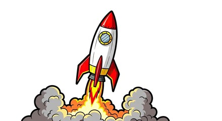 Rocket Launching into Space with Fiery Exhaust and Clouds