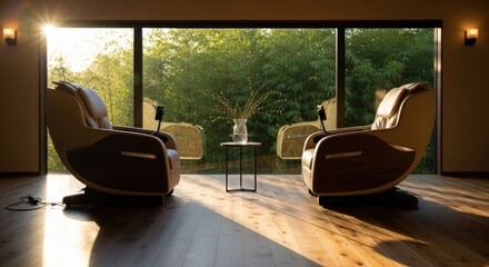 Fototapeta premium Two modern massage chairs facing a panoramic window view of trees