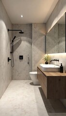 Modern Spa Bathroom Design Sleek Floating Vanity, Rainfall Shower, and Large Format Tiles Create a Serene Atmosphere