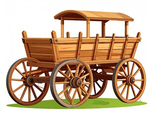 Fototapeta premium Detailed Wooden Wagon Illustration with Four Spoked Wheels and Canopy on Green Grass Patch Isolated on White Background