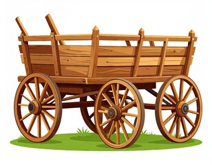 Fototapeta premium Detailed Wooden Wagon with Four Wheels on Green Grass Isolated on White Background